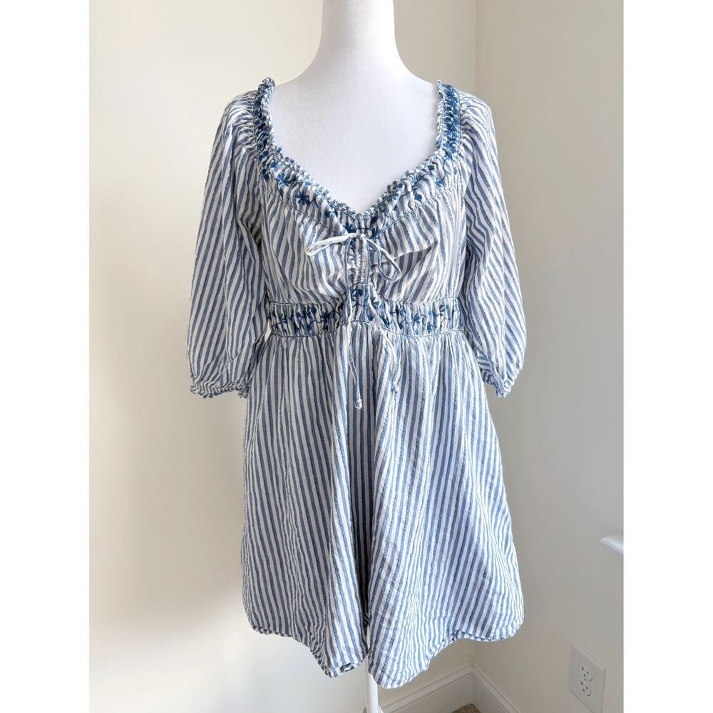American Eagle Womens Babydoll Puff Sleeve Mini Dress L Blue Cottagecore Boho